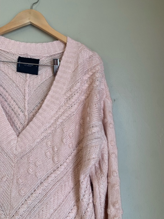 Lucky Brand Women’s Cable Knit V-Neck Sweater Pink Sz L Loose Beachy Spring - Picture 4 of 9